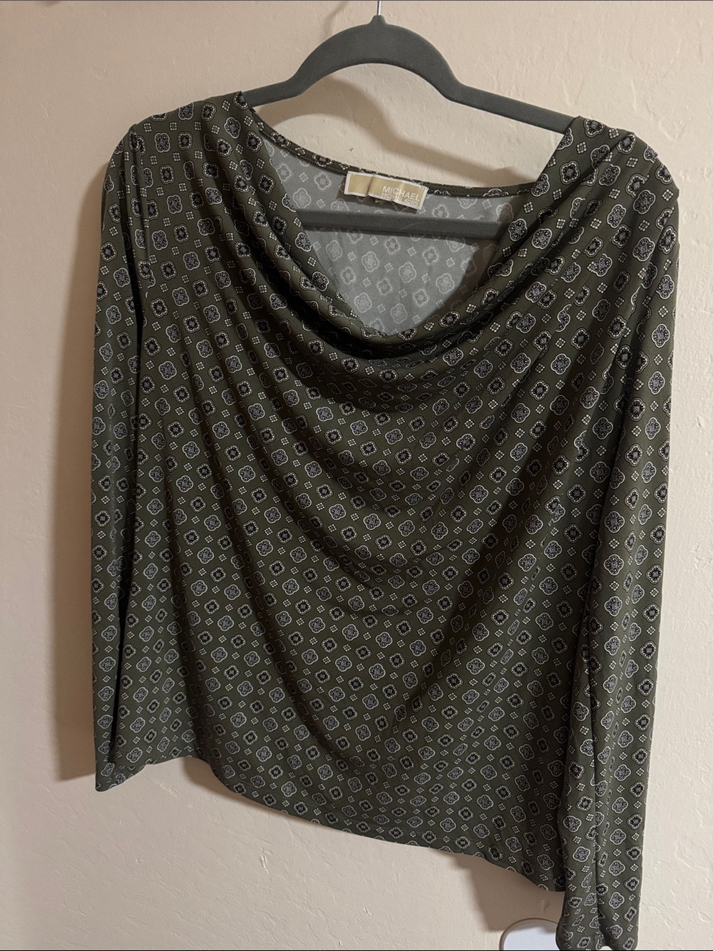Michael Kors Olive Patterned Cowl Neck Top size M